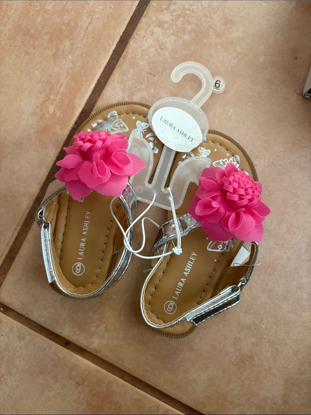 Laura Ashley Silver Toddler Sandals with Bright Pink Flower